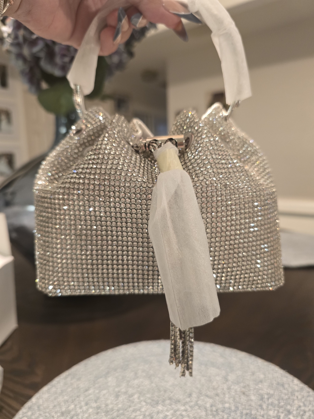 Crystal-Embellished Silver Evening Handbag